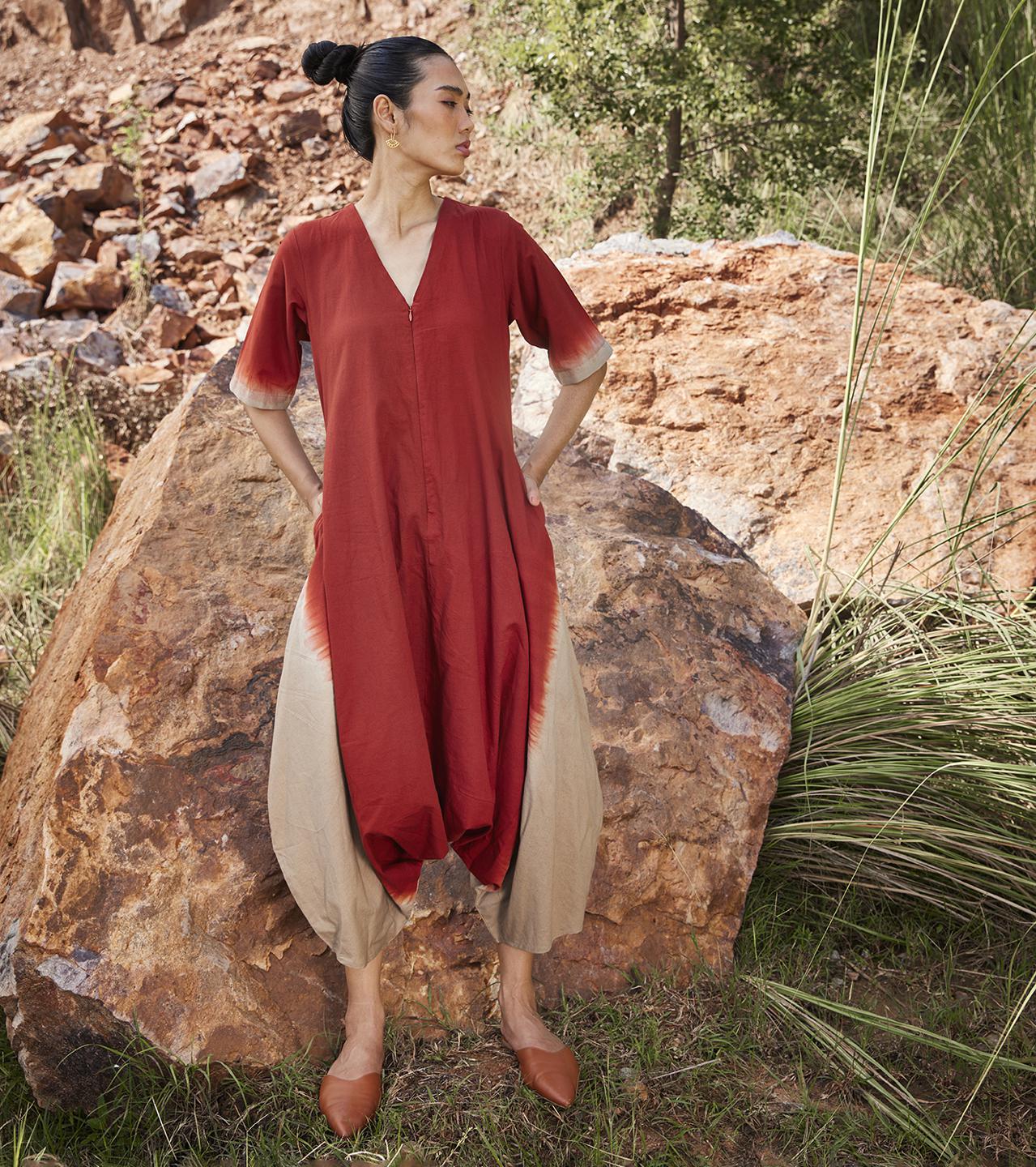 red-beige-half-sleeve-cotton-jumpsuit-11924045RD, Women Clothing, Cotton Jumpsuit