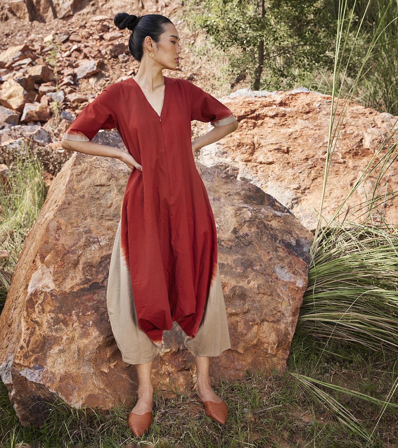 red-beige-half-sleeve-cotton-jumpsuit-11924045RD, Women Clothing, Cotton Jumpsuit