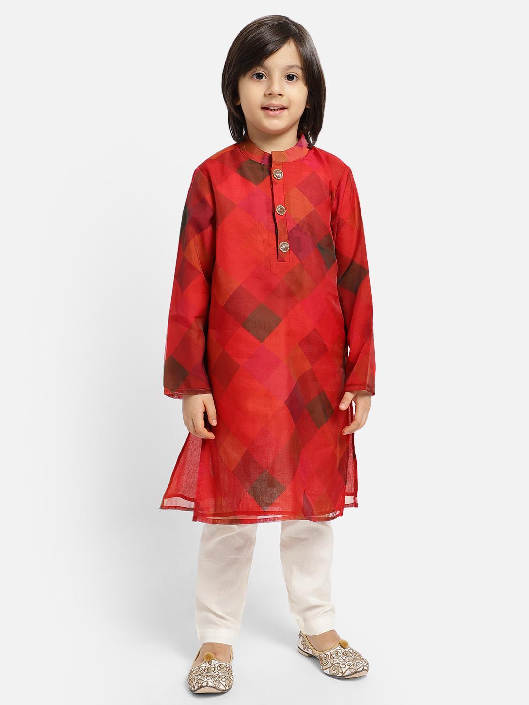 red-bias-checks-print-kurta-with-white-pajama-set-10520076RD, Indian Kids Clothing, Satin Boy Kurta Pajama Set