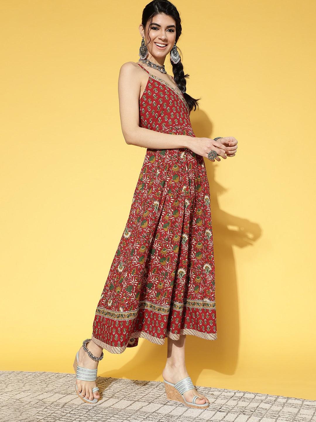 red-brown-printed-dress-10104087RD, Women Clothing, Cotton Dress