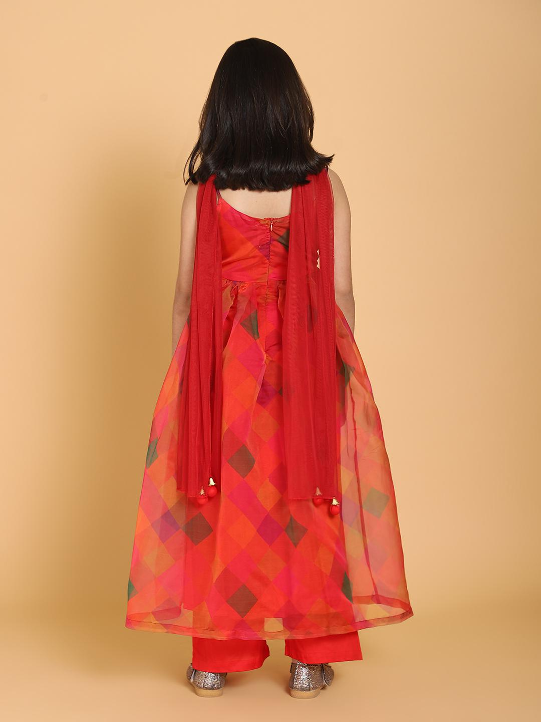 red-checks-organza-kurta-pants-set-with-dupatta-10509083RD, Kids Indian Ethnic Clothing, Organza Girl Lehenga Set