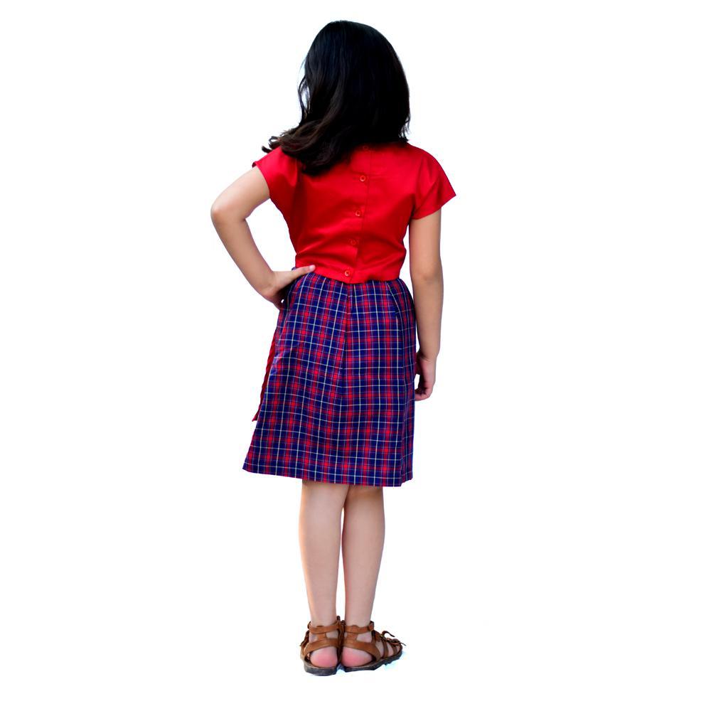 red-checks-print-frill-half-sleeve-top-and-skirts-10513052RD, Kids Clothing, Cotton Girl Skirt Set