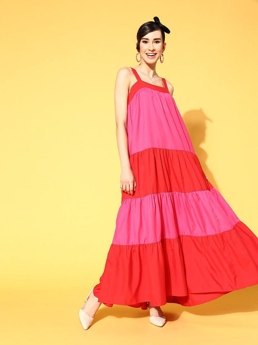 red-fuchsia-block-tiered-maxi-dress-10704002RD, Women Clothing, Poly Rayon Dress