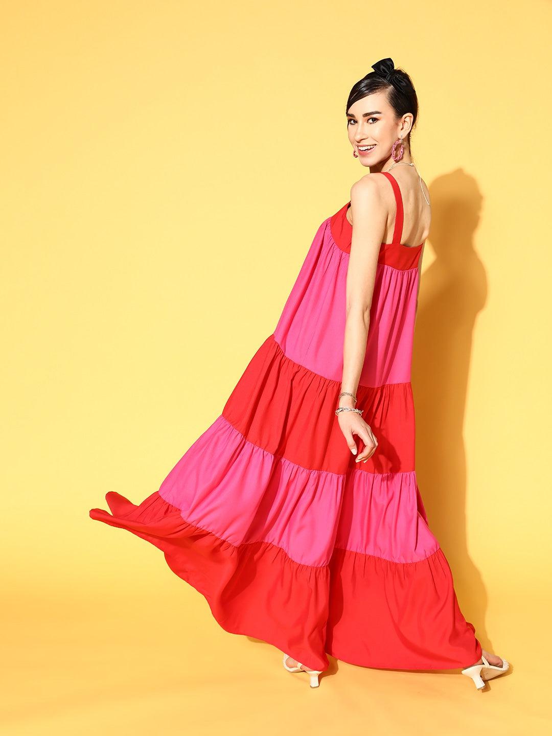 red-fuchsia-block-tiered-maxi-dress-10704002RD, Women Clothing, Poly Rayon Dress