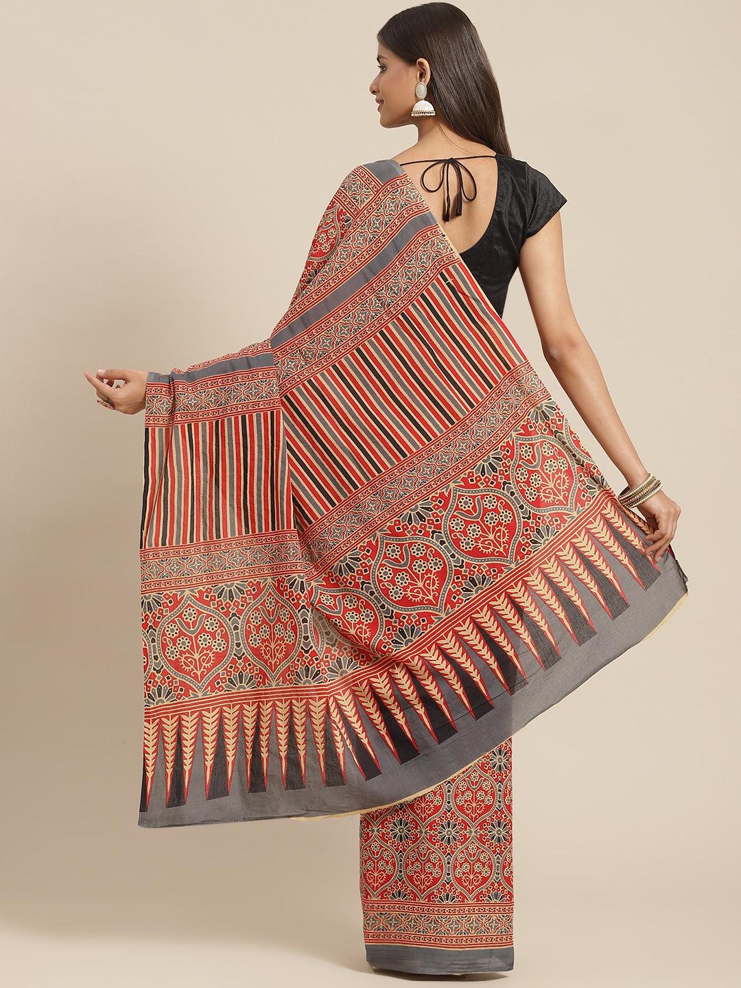 red-grey-printed-saree-10122054RD, Women Indian Ethnic Clothing, Cotton Saree