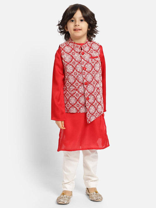 red-kurta-pajama-with-chikankari-asymetric-waistcoat-10520073RD, Indian Kids Clothing, Satin Boy Kurta Pajama Set