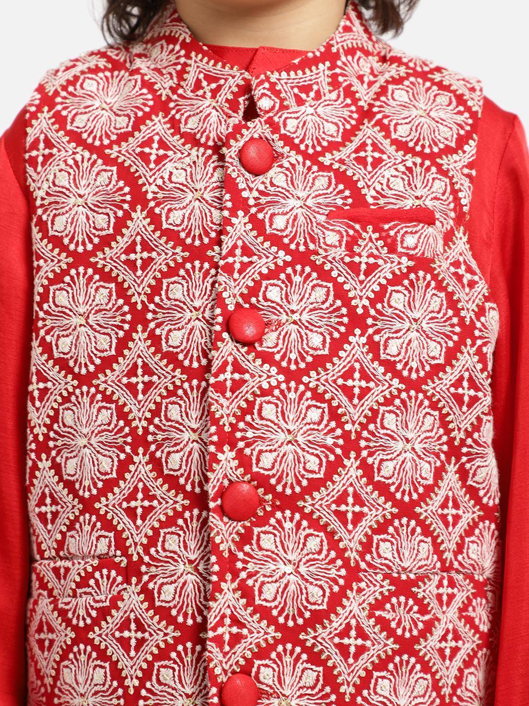 red-kurta-pajama-with-chikankari-asymetric-waistcoat-10520073RD, Indian Kids Clothing, Satin Boy Kurta Pajama Set