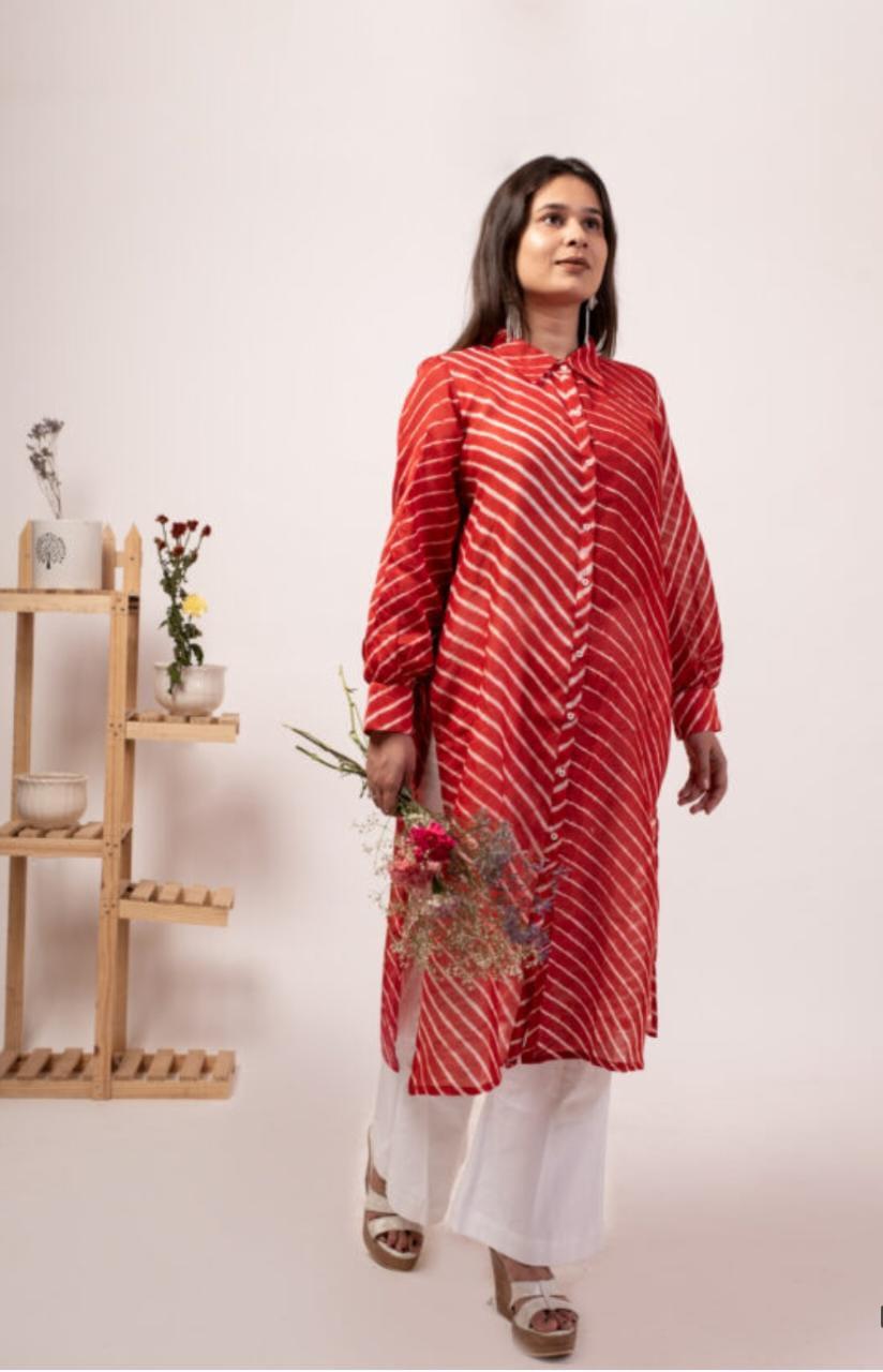 red-lehriya-with-pants-11602040RD, Women Indian Ethnic Clothing, Cotton Silk Kurta Set