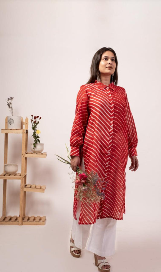 red-lehriya-with-pants-11602040RD, Women Indian Ethnic Clothing, Cotton Silk Kurta Set