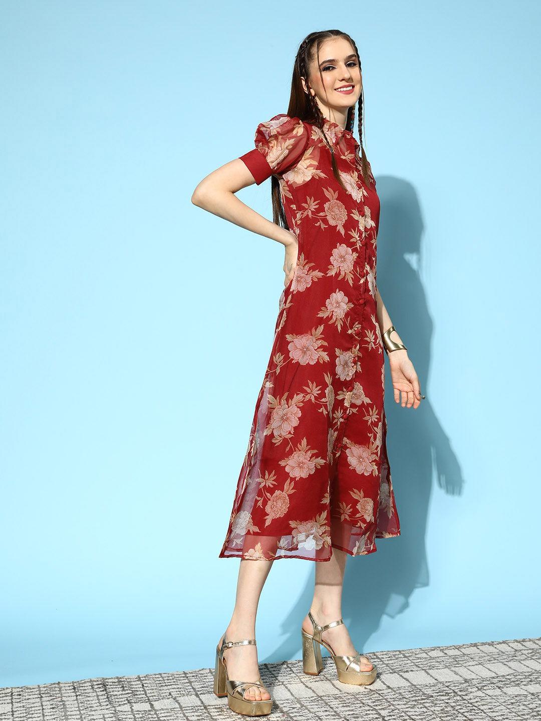 red-midi-dress-10104146RD, Women Clothing, Organza Dresses