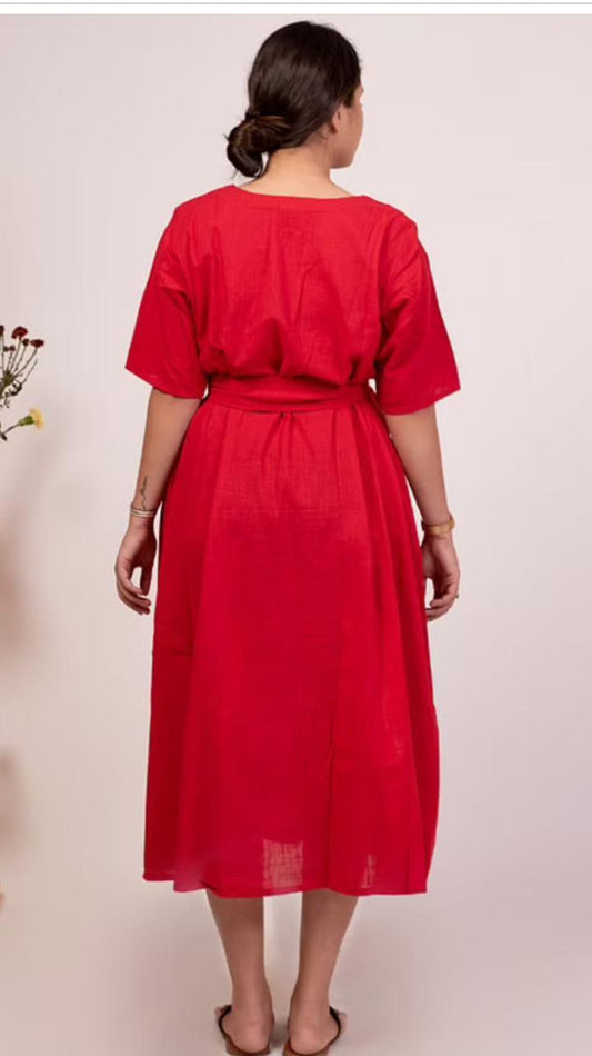 red-midi-dress-11604020RD, Women Clothing, Cotton Dress