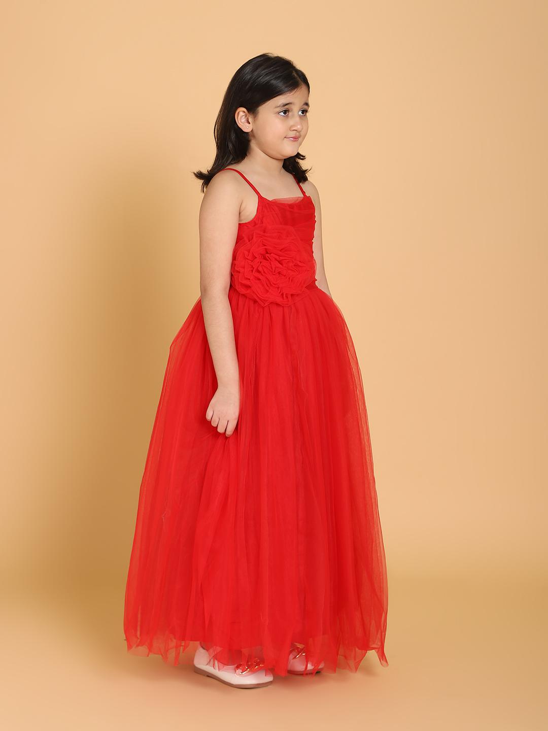 red-net-gown-with-flower-10510088RD, Kids Clothing, Net Girl Dress