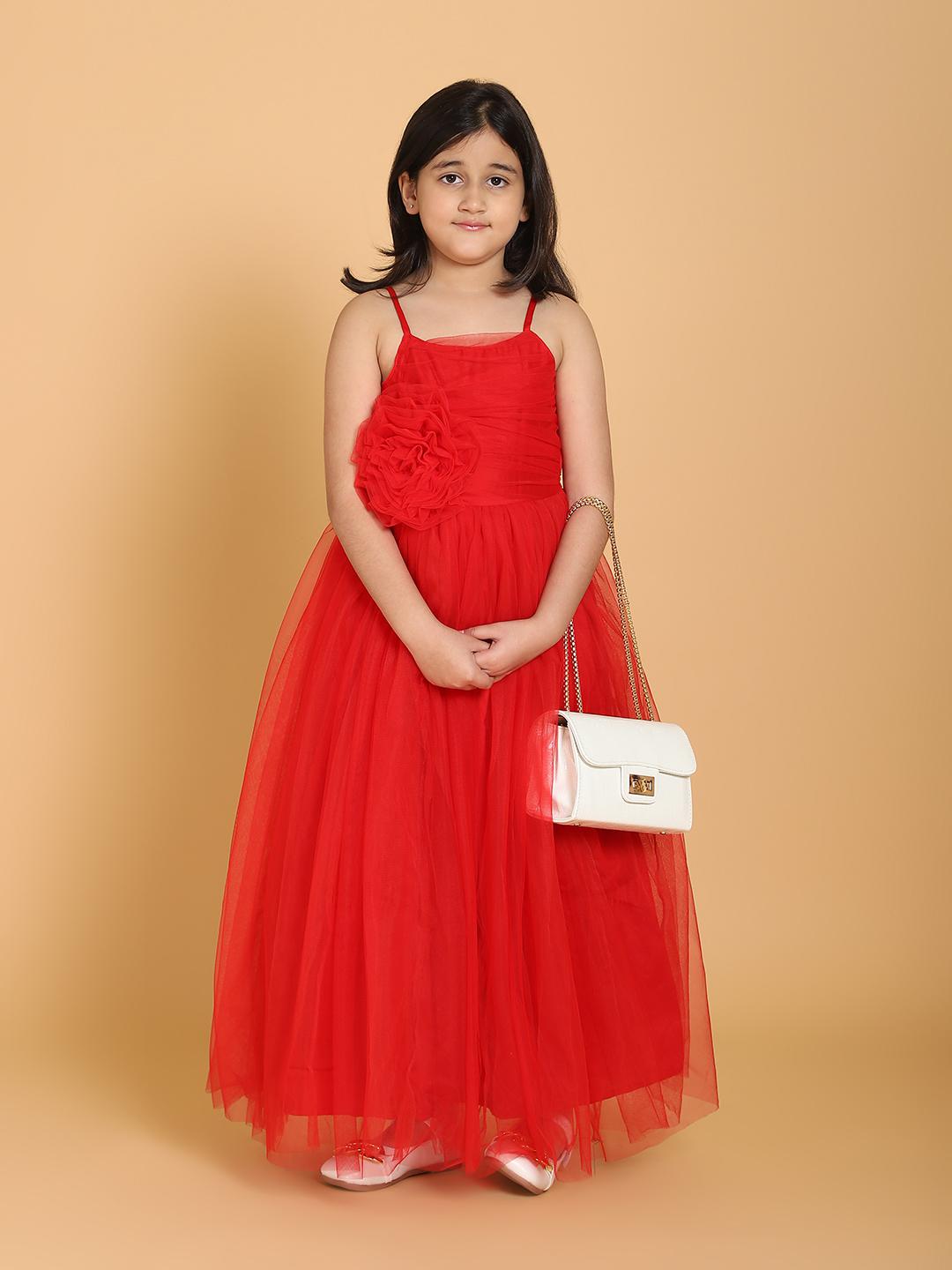 red-net-gown-with-flower-10510088RD, Kids Clothing, Net Girl Dress