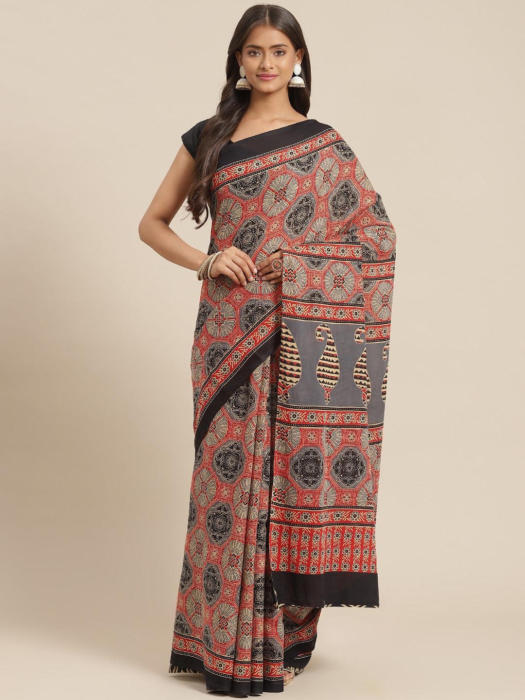 red-olive-green-printed-saree-10122055GR, Women Indian Ethnic Clothing, Cotton Saree