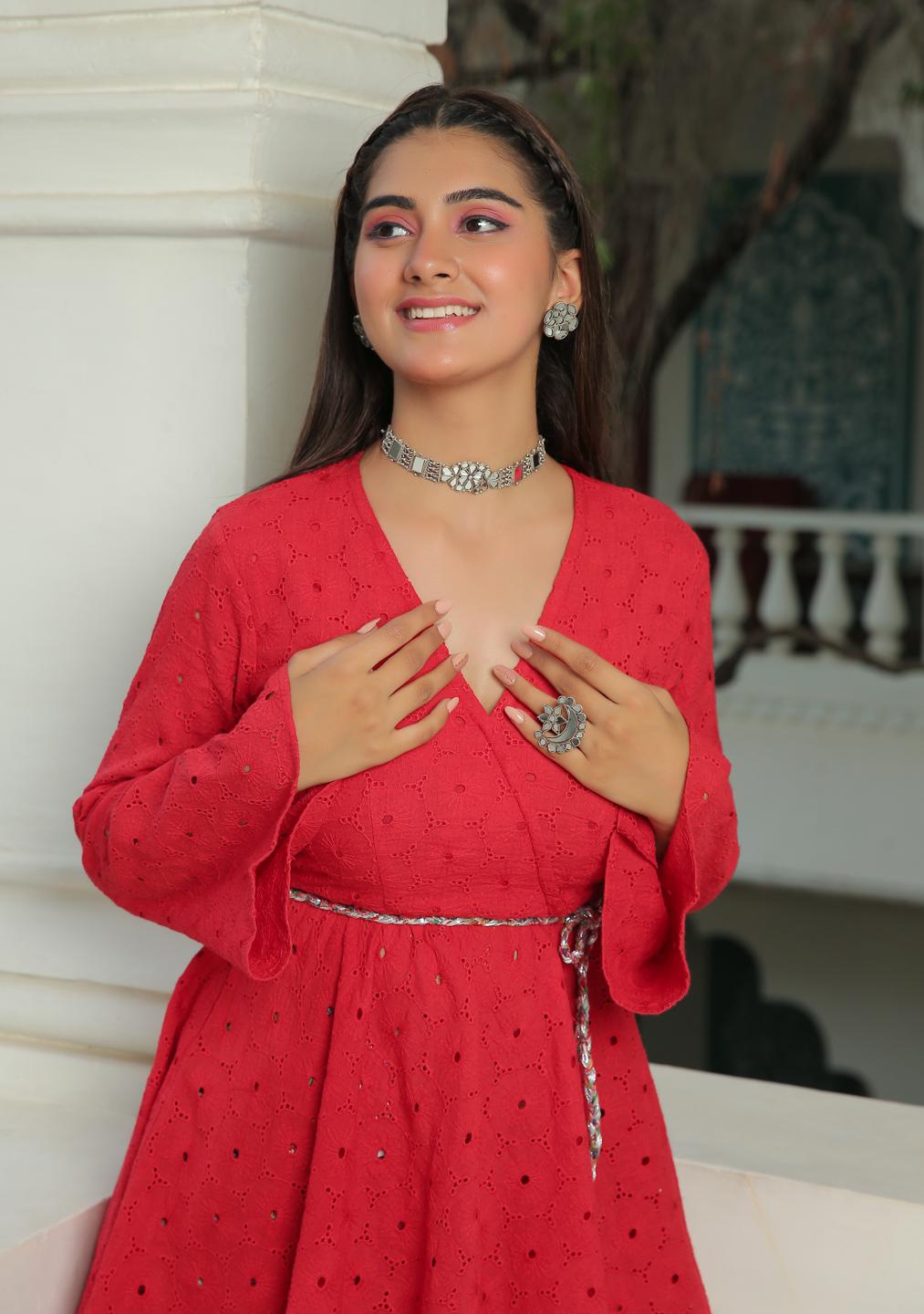 red-paprika-schiffli-kurta-with-multi-print-flared-pant-11702061RD, Women Indian Ethnic Clothing, Cotton Kurta Set