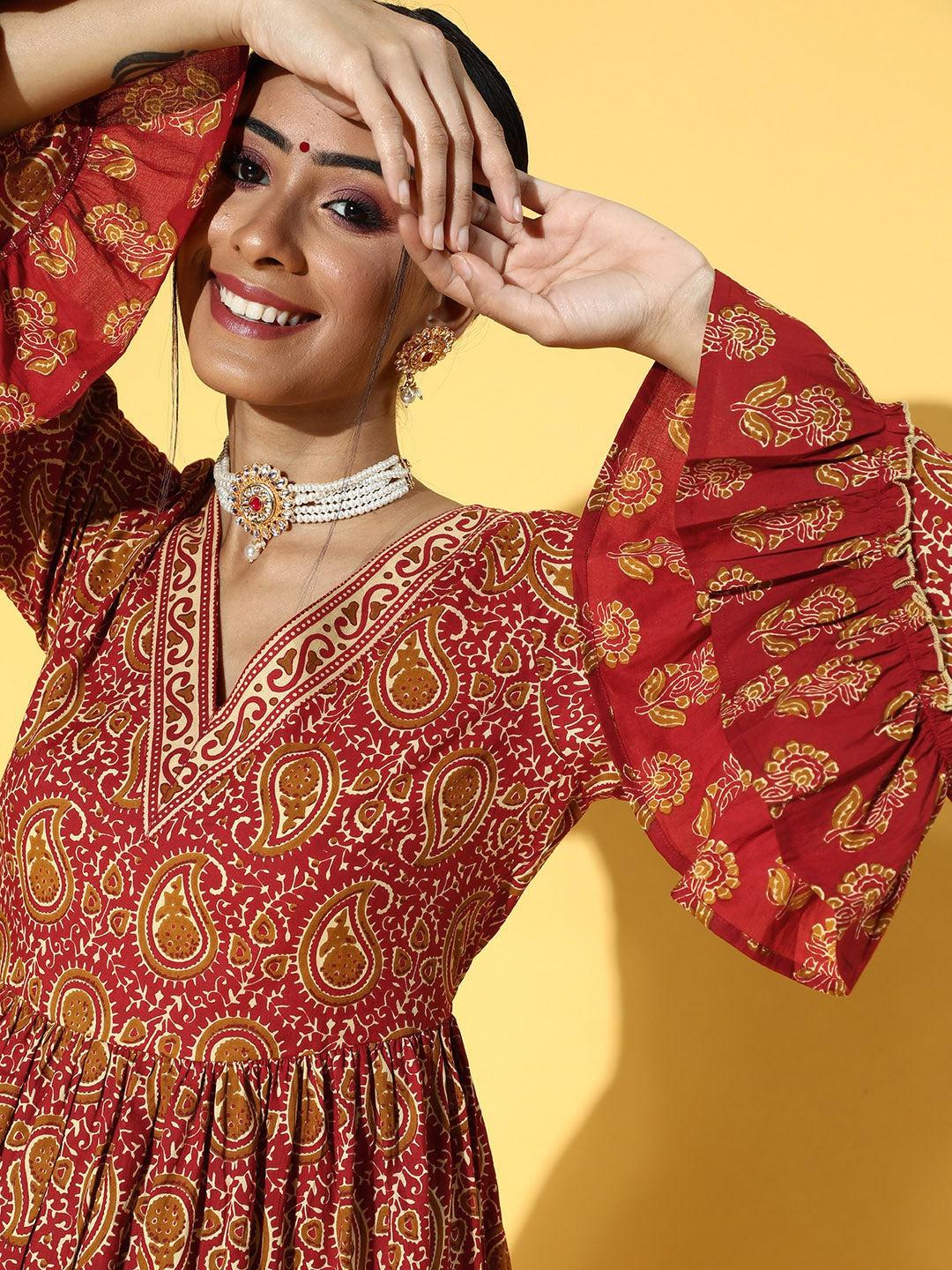 red-printed-kurta-set-10102109RD, Women Indian Ethnic Clothing, Cotton Kurta Set