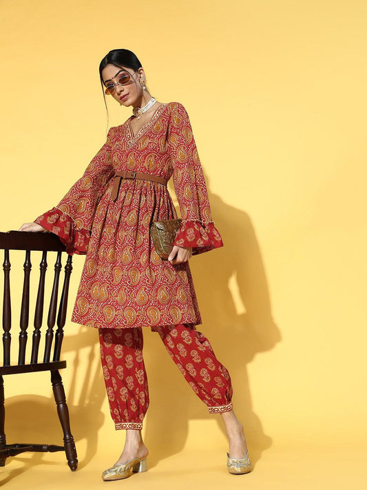 red-printed-kurta-set-10102109RD, Women Indian Ethnic Clothing, Cotton Kurta Set