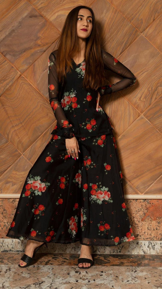 red-rose-organza-kurta-palazzo-set-11403113RD, Women Indian Ethnic Clothing, Cotton Kurta Set Dupatta