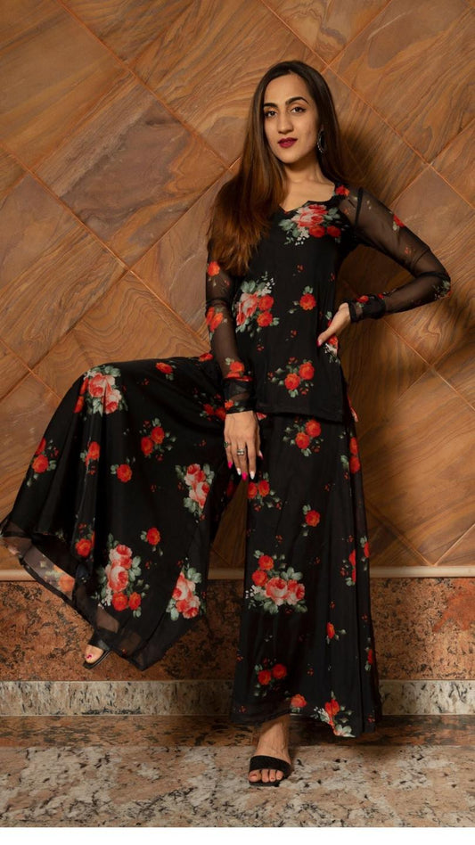 red-rose-organza-kurta-palazzo-set-11403113RD, Women Indian Ethnic Clothing, Cotton Kurta Set Dupatta