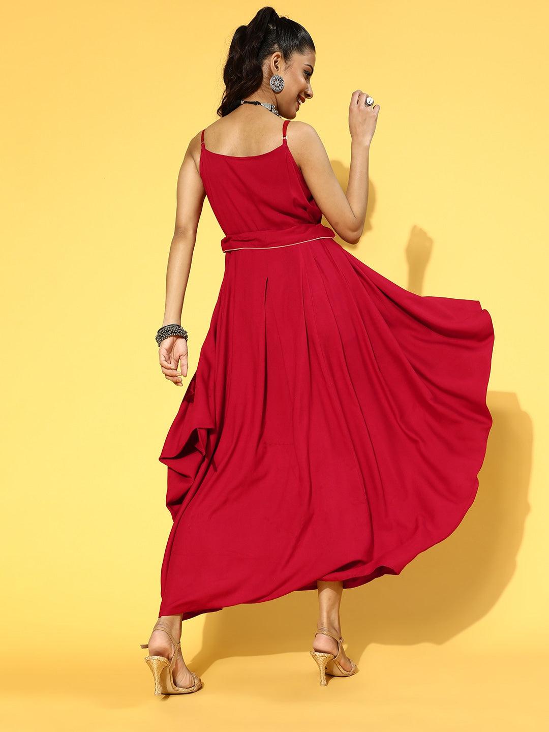 red-solid-strap-dress-with-belt-10104074RD, Women Clothing, Rayon Dress