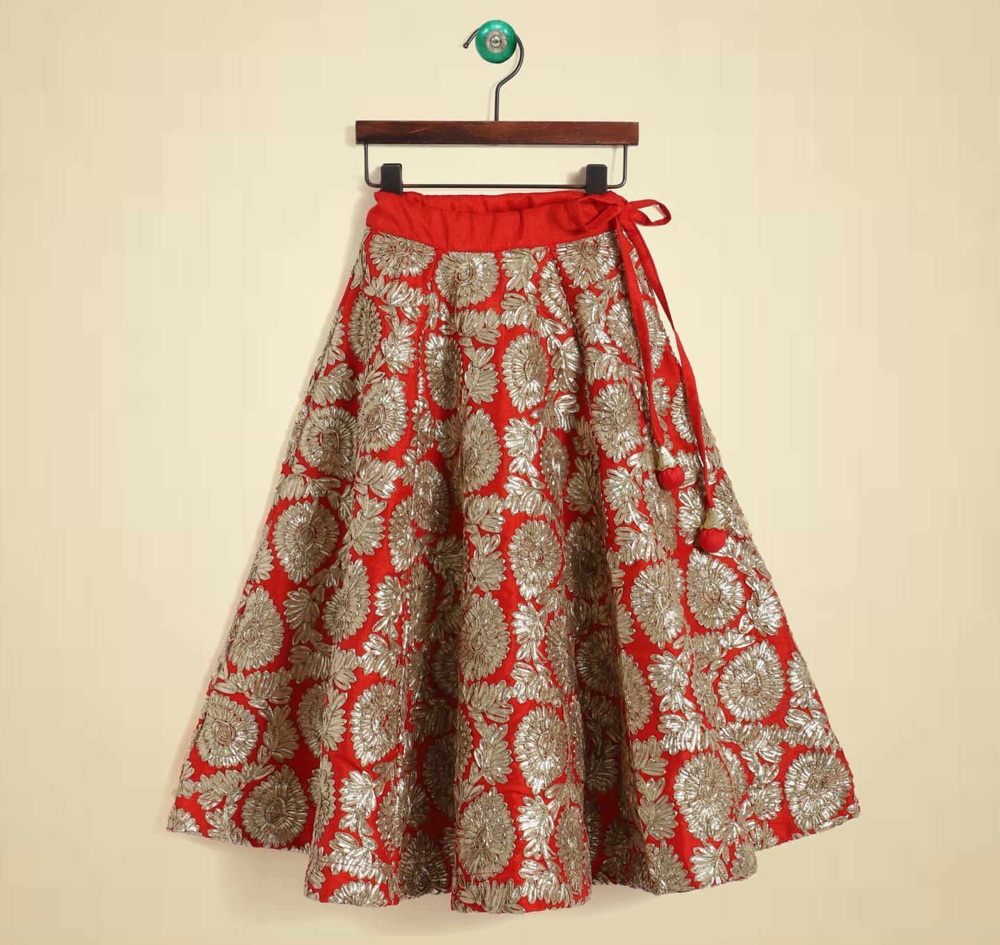 red-wing-sleeves-applique-floral-printed-blouses-and-lehenga-set-10509010RD, Kids Clothing, Organza,Cotton Girl Lehenga Set