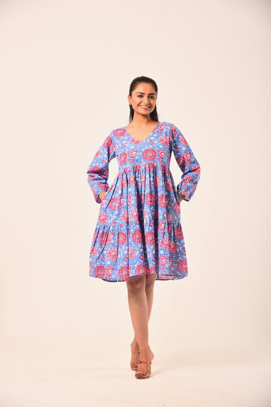 Red Blue Block Print Short Dress