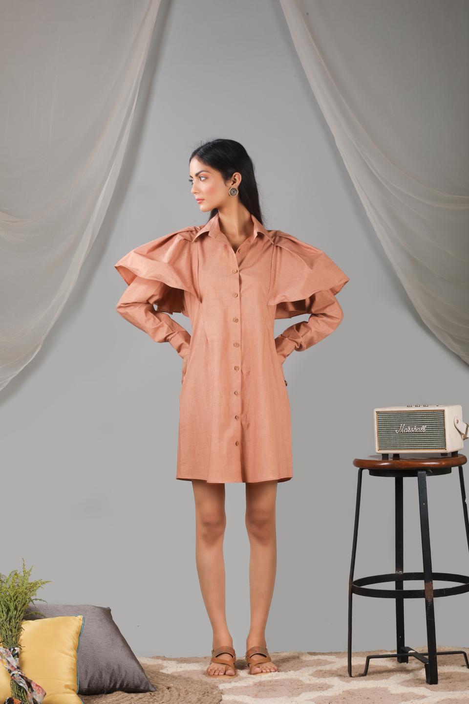 roasted-almond-shoulder-ruffle-shirt-dress-11704080BR, Women Clothing, Cotton Dress