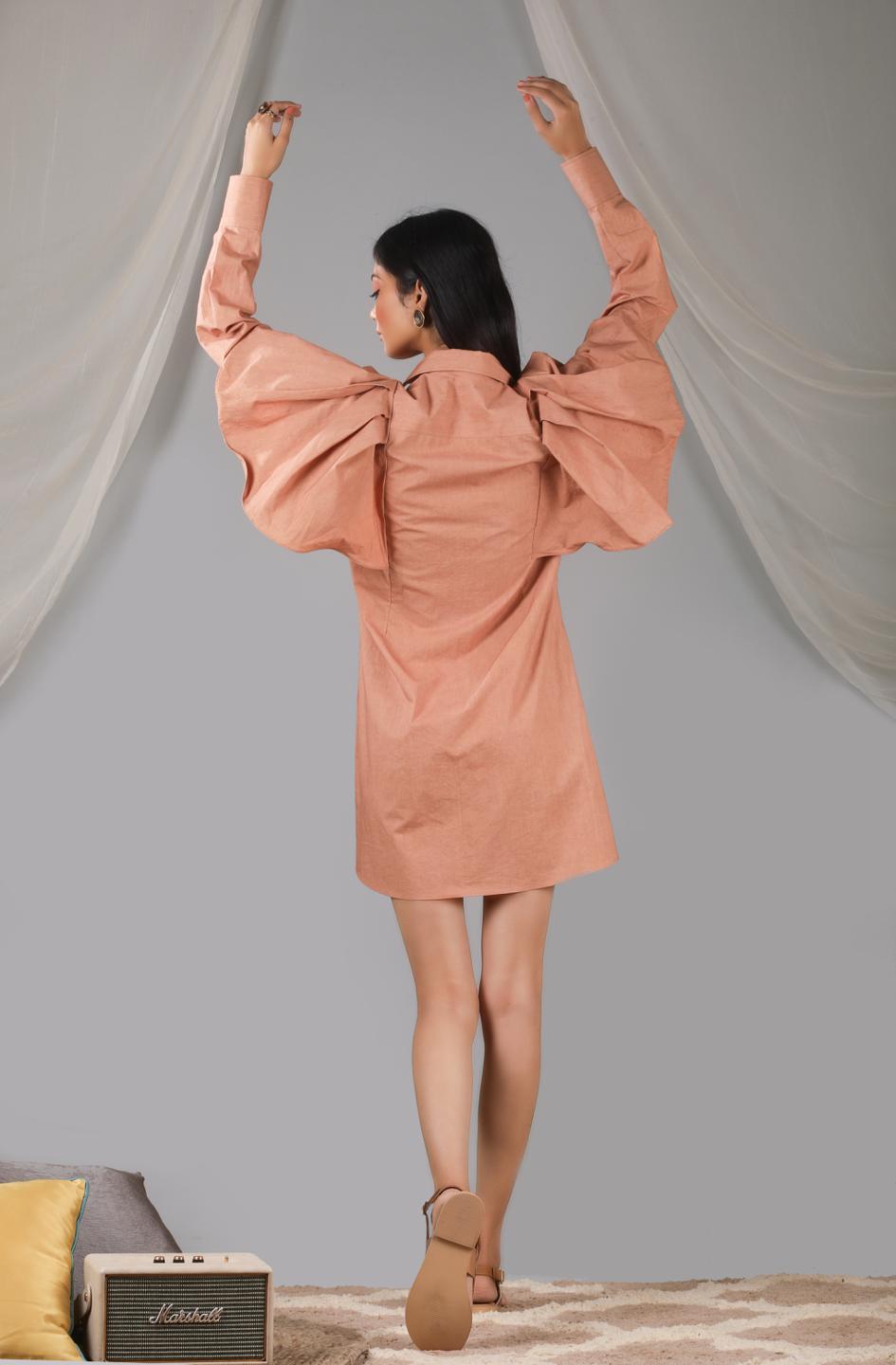roasted-almond-shoulder-ruffle-shirt-dress-11704080BR, Women Clothing, Cotton Dress