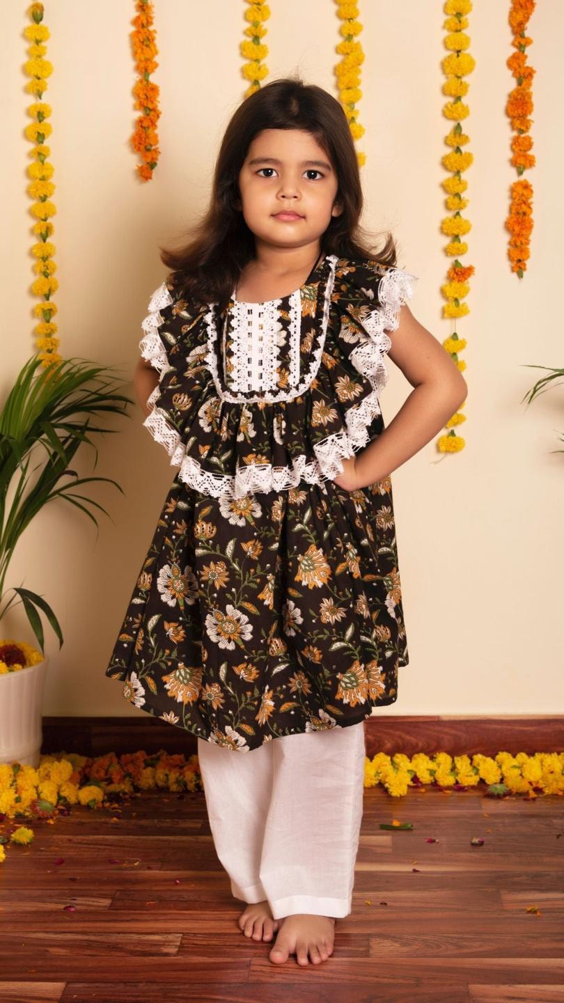 roop-rang-frock-pant-11437017BR, Kids Indian Ethnic Clothing, Cotton Girl Frock Pant Set