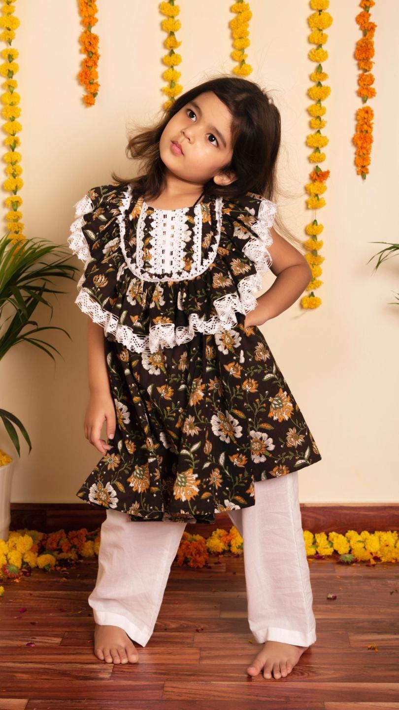 roop-rang-frock-pant-11437017BR, Kids Indian Ethnic Clothing, Cotton Girl Frock Pant Set