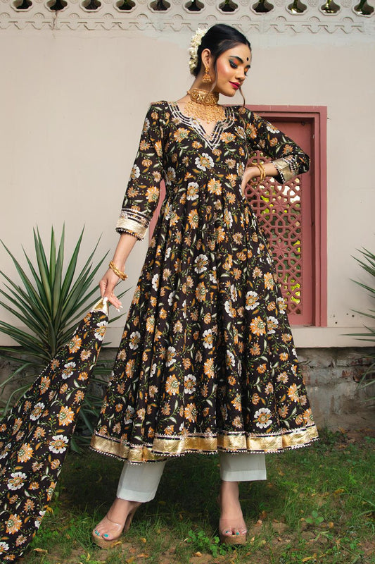 roop-rang-hand-block-anarkali-set-11403105BR, Women Indian Ethnic Clothing, Cotton Kurta Set Dupatta