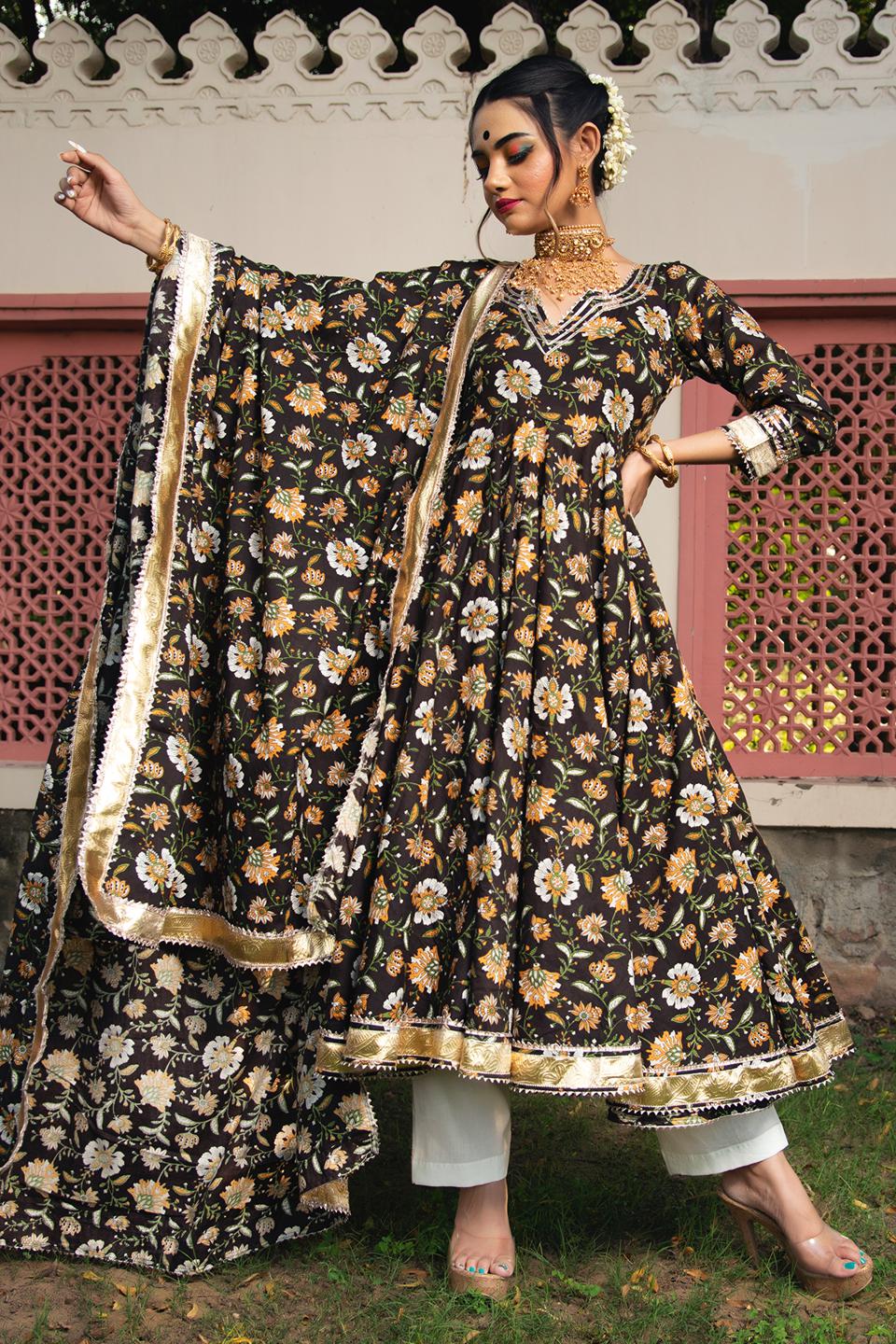 roop-rang-hand-block-anarkali-set-11403105BR, Women Indian Ethnic Clothing, Cotton Kurta Set Dupatta