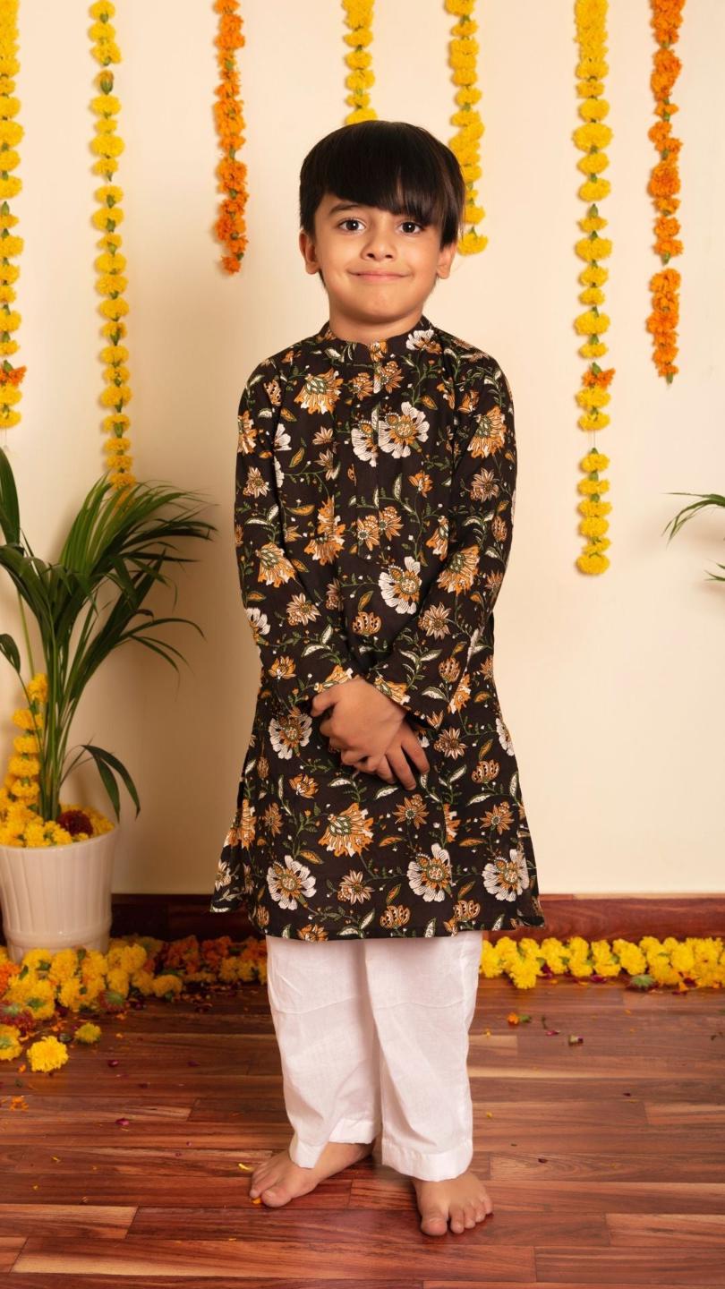 roop-rang-kurta-pant-set-11420108BR, Kids Indian Ethnic Clothing, Cotton Boy Kurta Pajama Set