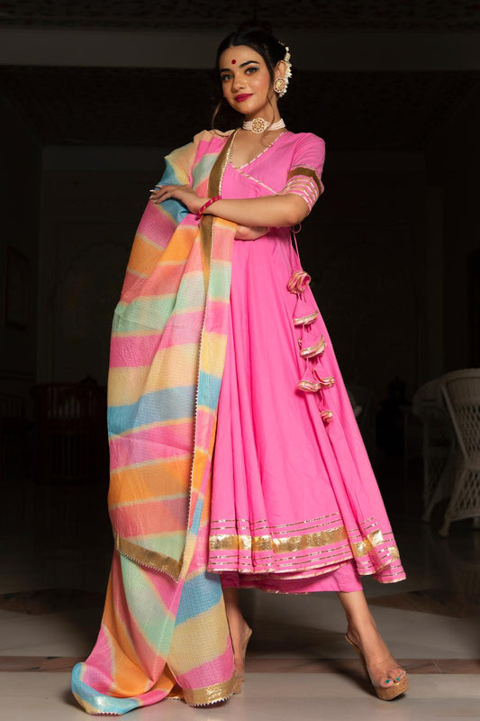 rose-pink-cotton-angrakha-set-11403102PK, Women Indian Ethnic Clothing, Cotton Kurta Set Dupatta