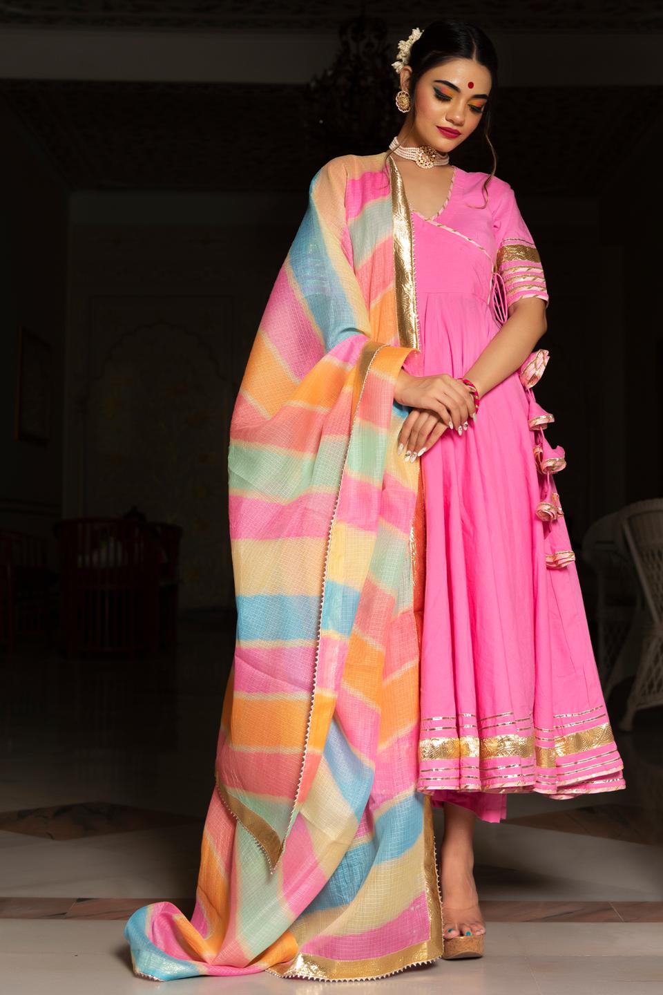 rose-pink-cotton-angrakha-set-11403102PK, Women Indian Ethnic Clothing, Cotton Kurta Set Dupatta