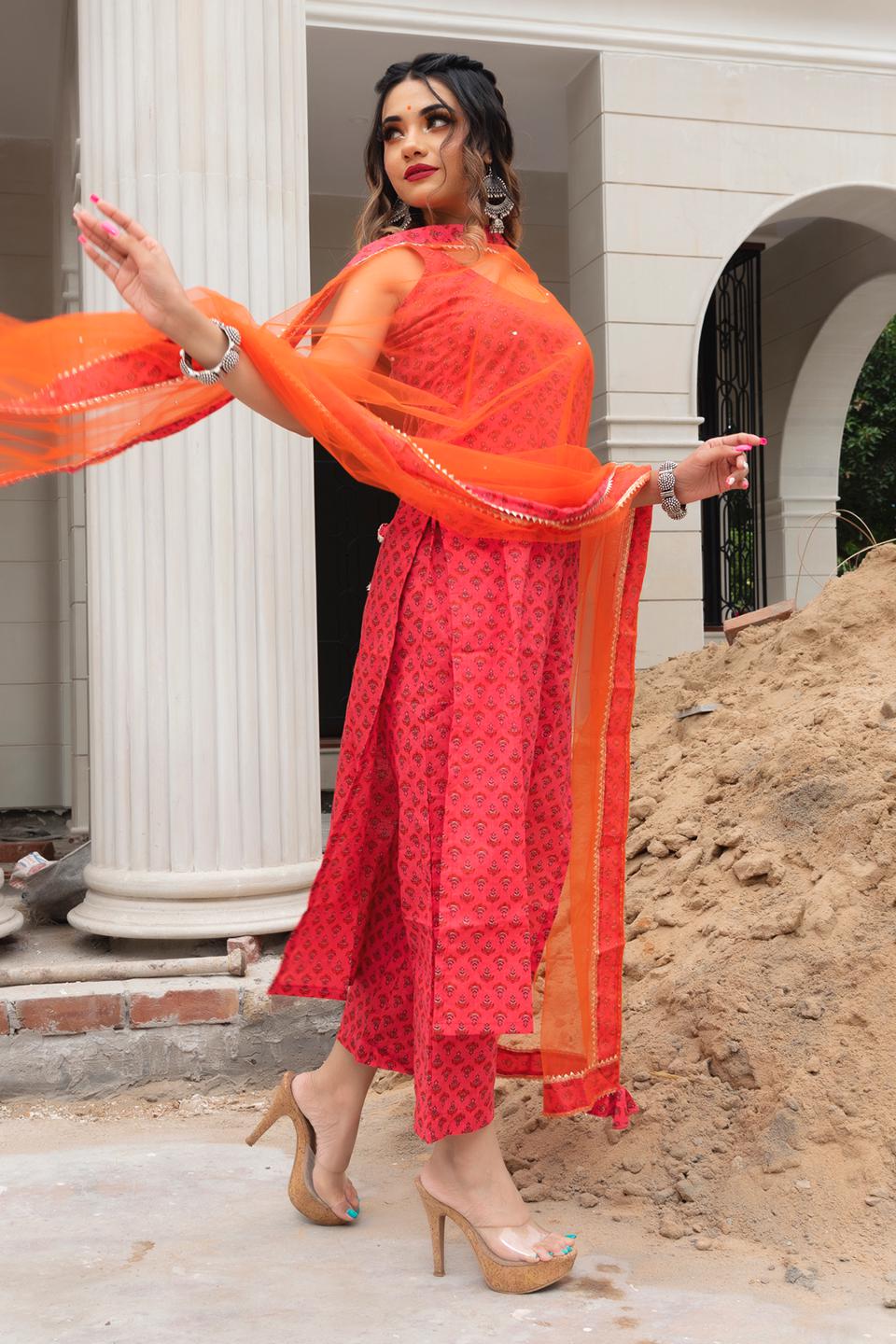 roseberry-block-print-suit-set-11403104RD, Women Indian Ethnic Clothing, Cotton Kurta Set Dupatta