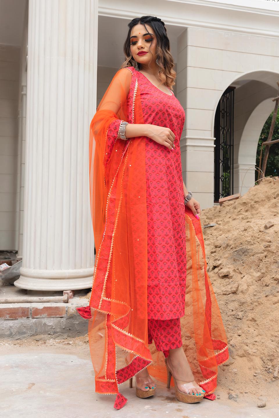 roseberry-block-print-suit-set-11403104RD, Women Indian Ethnic Clothing, Cotton Kurta Set Dupatta
