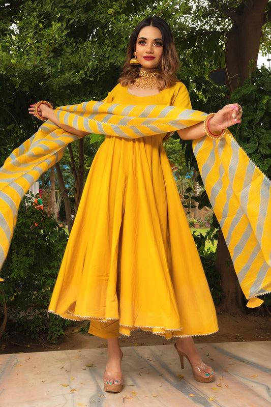 rosemarry-yellow-cotton-anarkali-set-11403103YL, Women Indian Ethnic Clothing, Cotton Kurta Set Dupatta