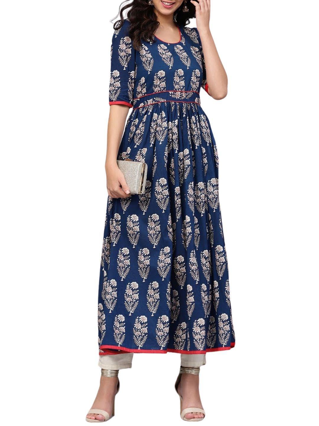 royal-blue-printed-floor-length-anarkali-dress-10004004BL, Women Indian Ethnic Clothing, Cotton Dress