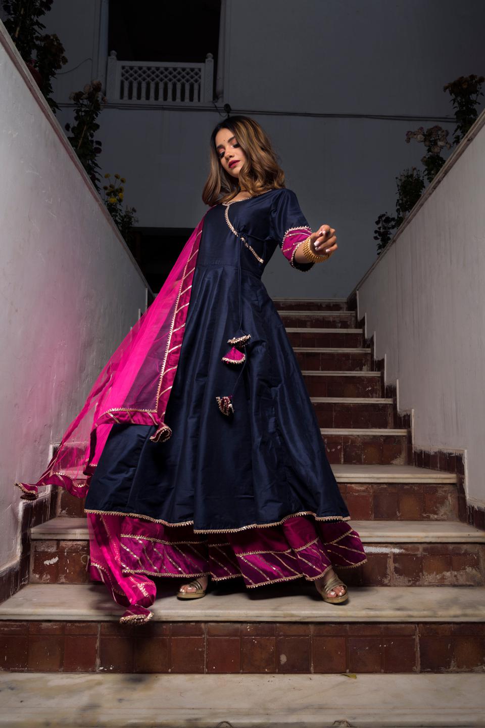 royal-blue-rani-pink-cotton-silk-angrakha-11403087BL, Women Indian Ethnic Clothing, Cotton Silk Kurta Set Dupatta