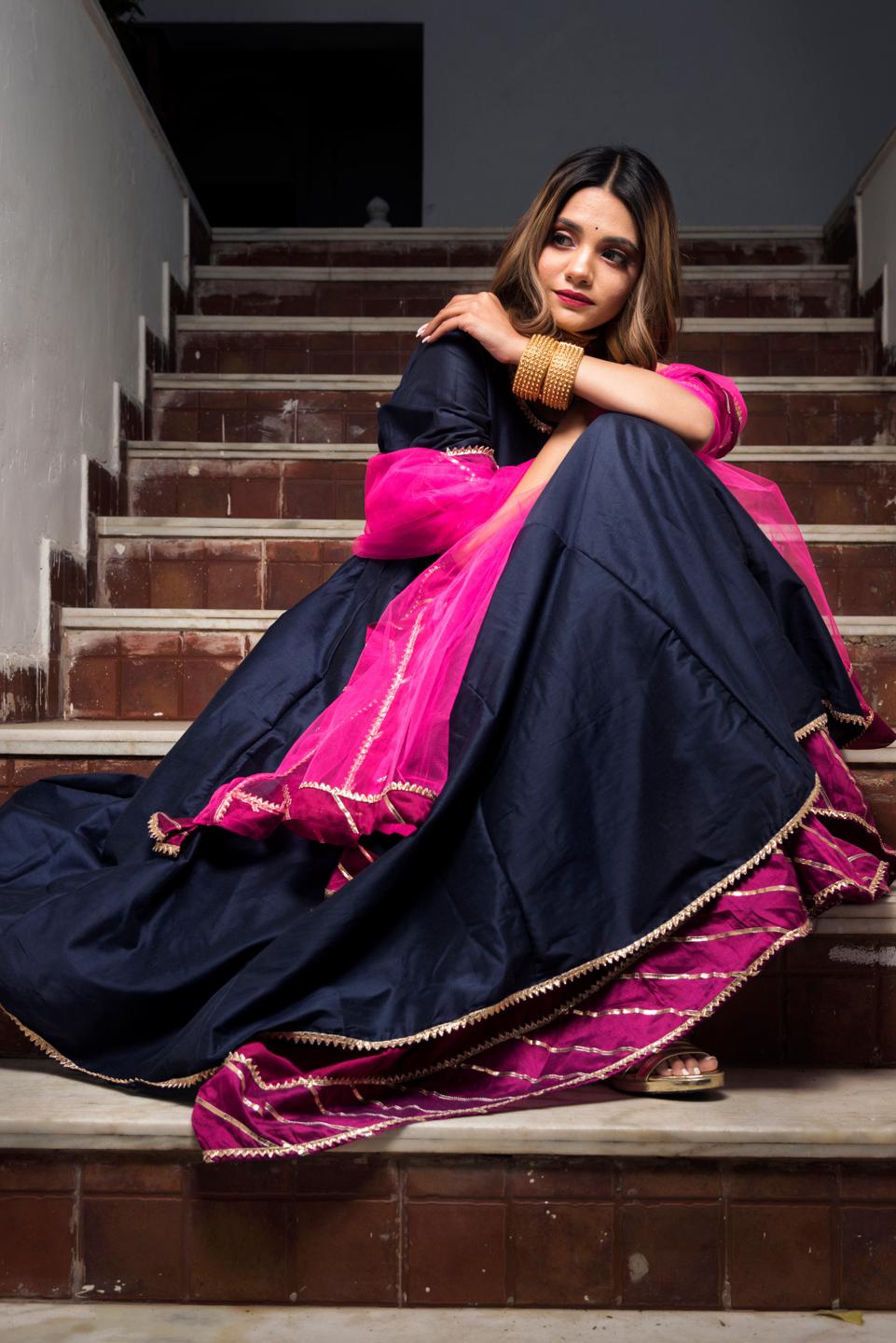 royal-blue-rani-pink-cotton-silk-angrakha-11403087BL, Women Indian Ethnic Clothing, Cotton Silk Kurta Set Dupatta