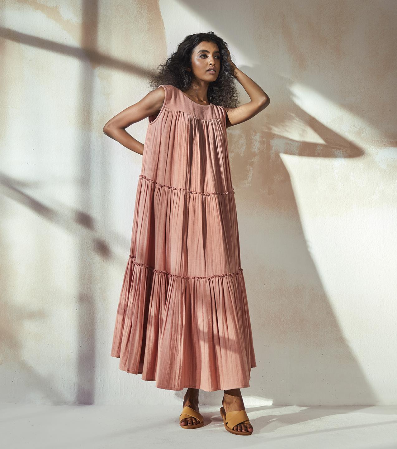 rust-pink-tiered-cotton-dress-11904091PK, Women Clothing, Cotton Dress