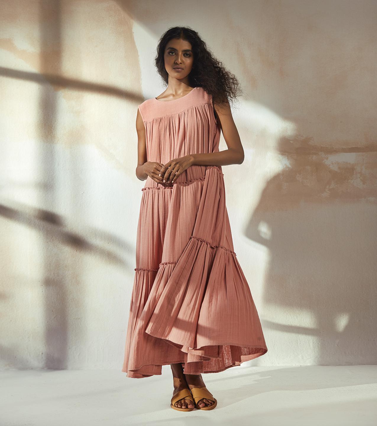 rust-pink-tiered-cotton-dress-11904091PK, Women Clothing, Cotton Dress