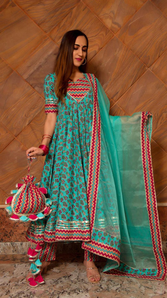 saanchi-cotton-anarkali-set-11403080GR, Women Indian Ethnic Clothing, Cotton Kurta Set Dupatta