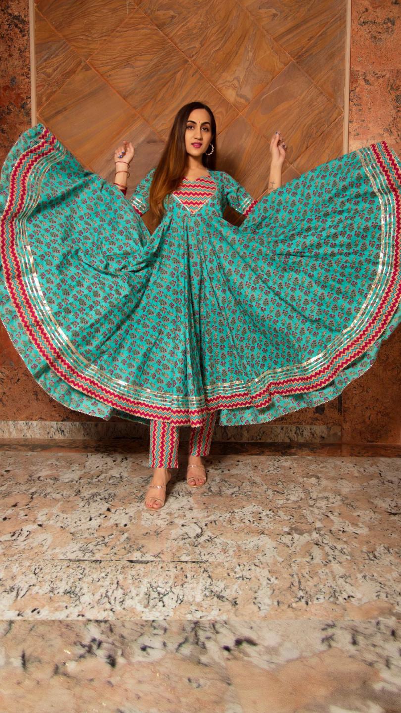 saanchi-cotton-anarkali-set-11403080GR, Women Indian Ethnic Clothing, Cotton Kurta Set Dupatta