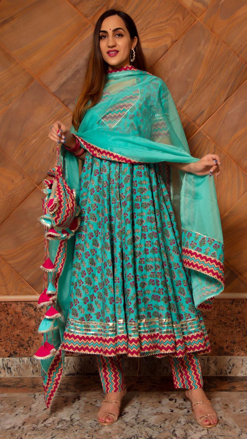 saanchi-cotton-anarkali-set-11403080GR, Women Indian Ethnic Clothing, Cotton Kurta Set Dupatta