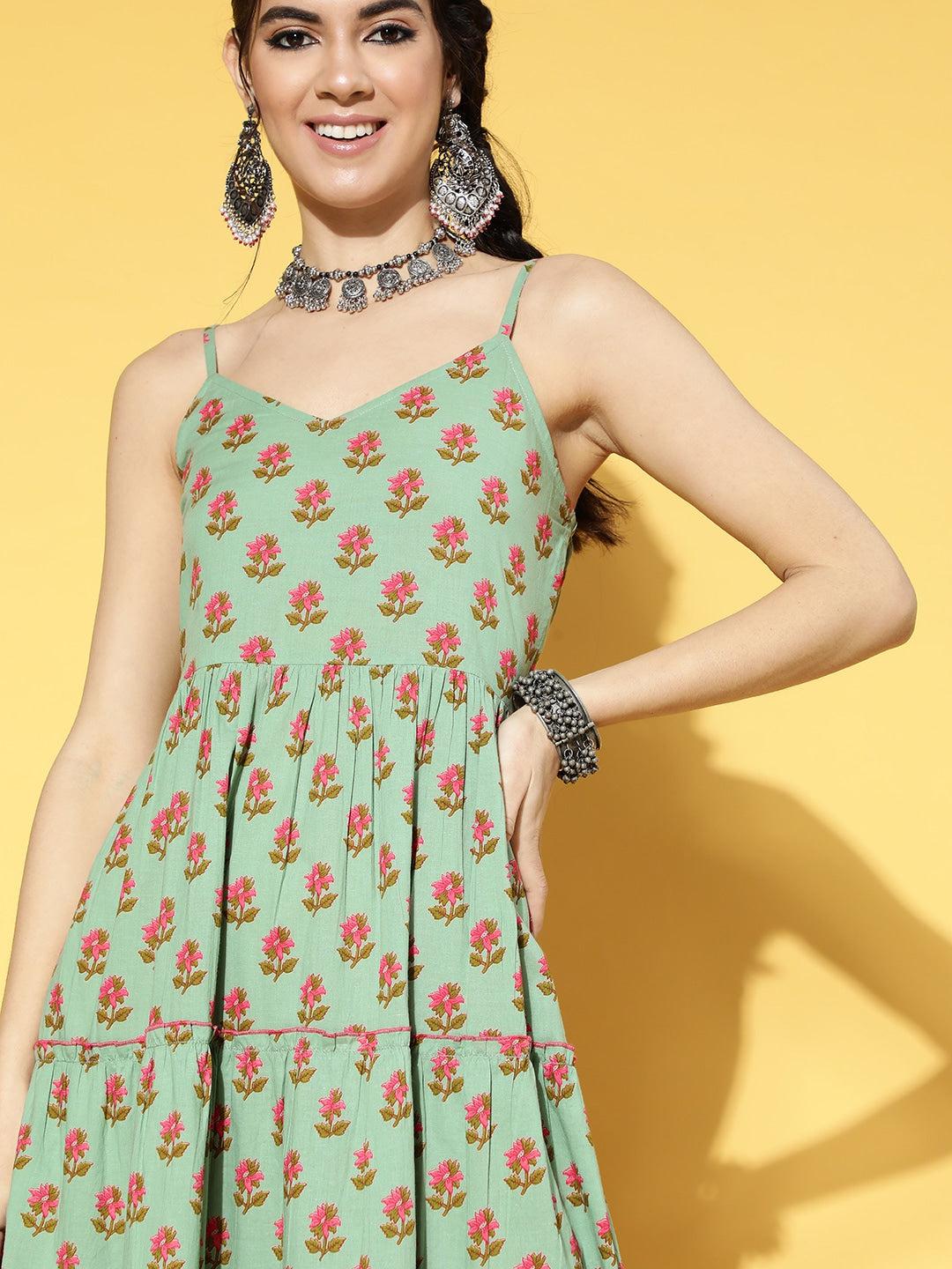 sage-green-pink-floral-printed-dress-10104079GR, Women Clothing, Cotton Dress