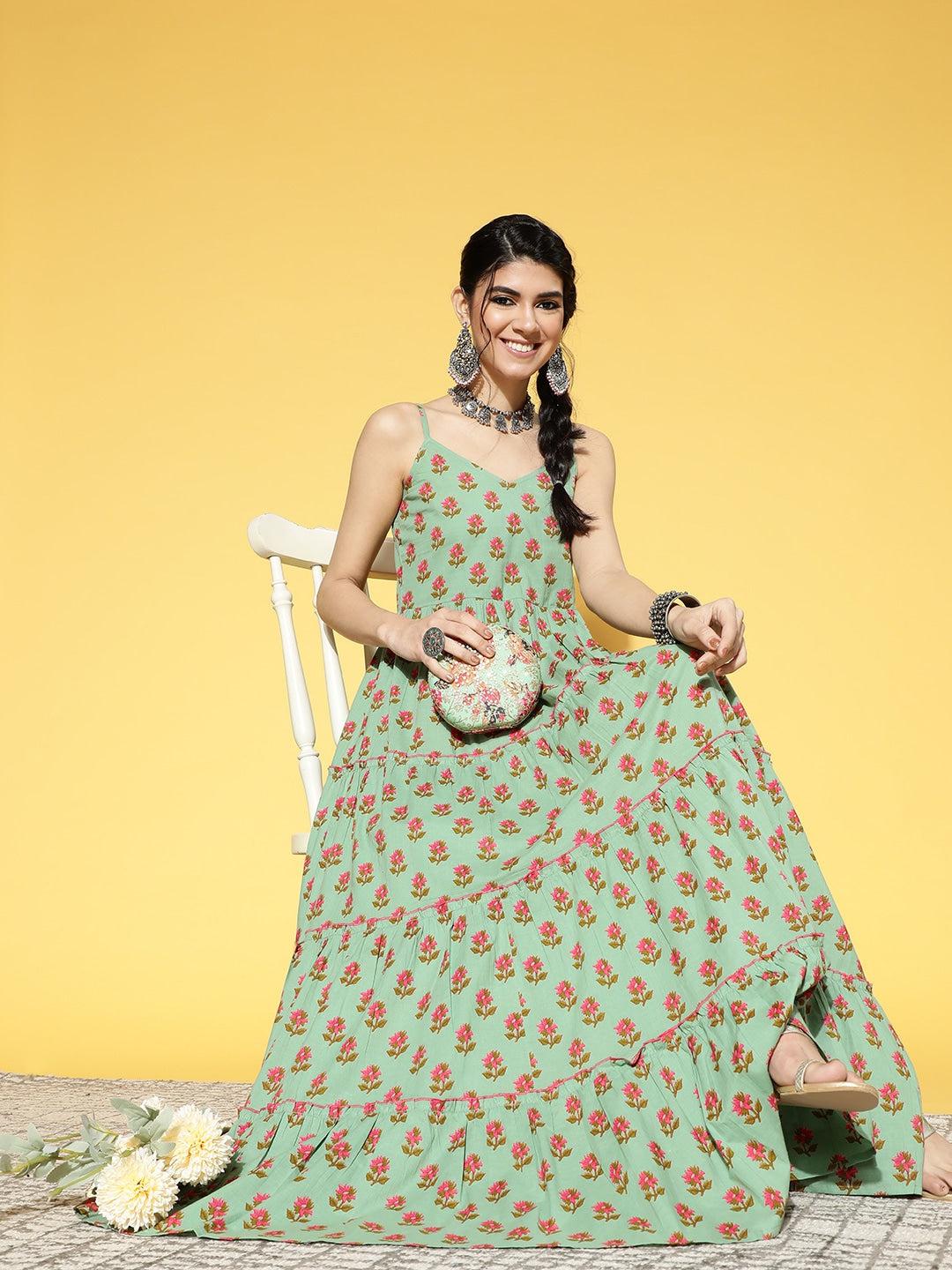 sage-green-pink-floral-printed-dress-10104079GR, Women Clothing, Cotton Dress