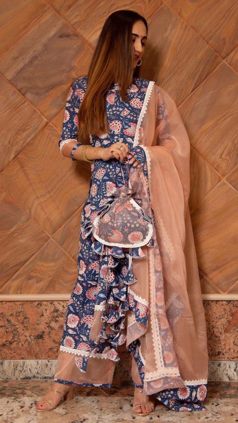 sarika-cotton-suit-set-11403079BL, Women Indian Ethnic Clothing, Cotton Kurta Set Dupatta
