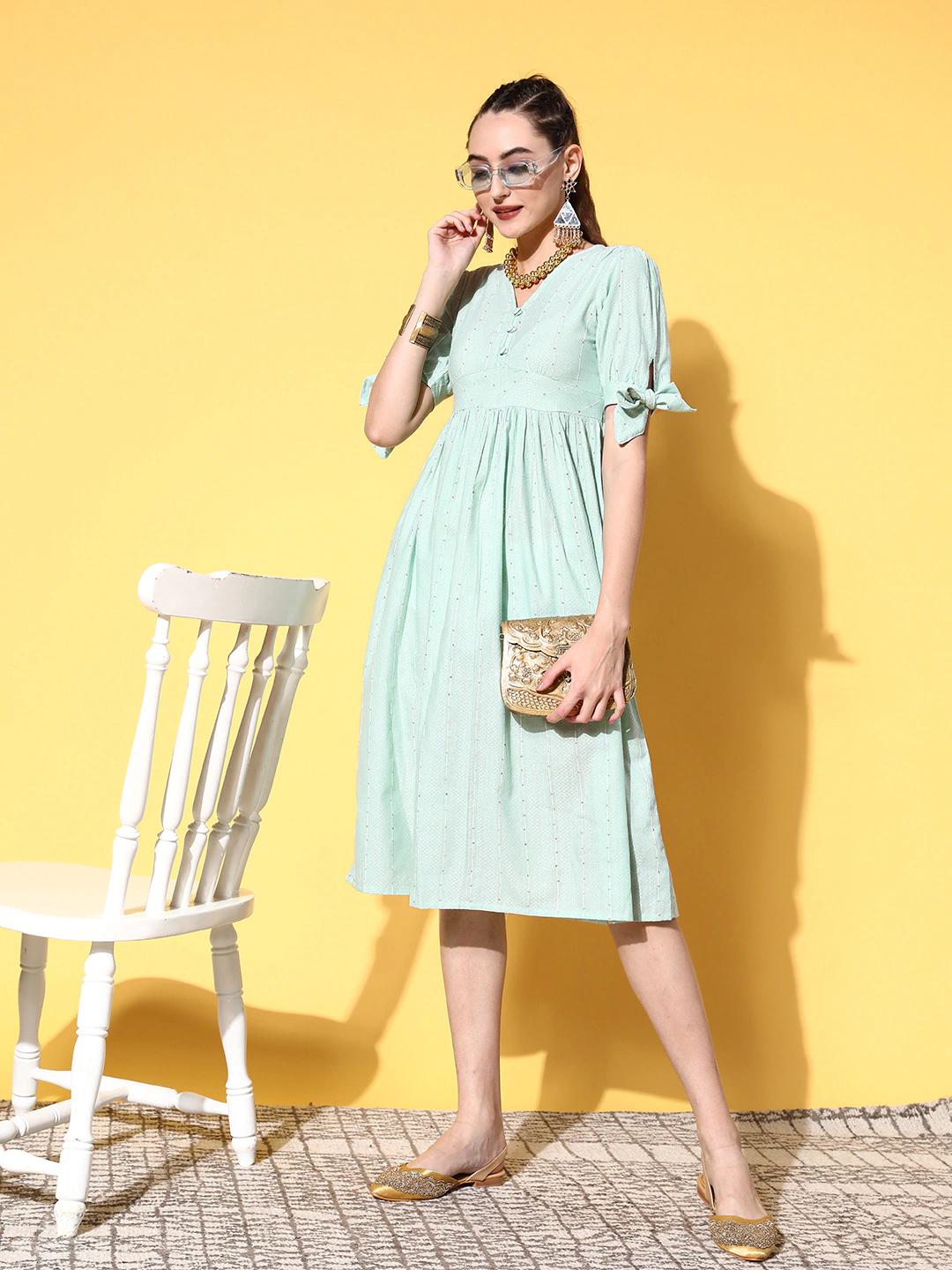 sea-green-a-line-dress-10104151GR, Women Clothing, Dobby Dresses